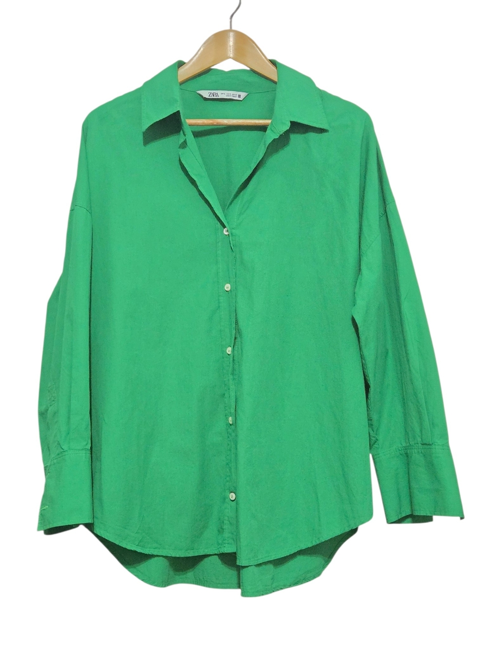 ZARA Green 100% Cotton Oversized Button Front Shirt XL Emerald Relaxed Fit